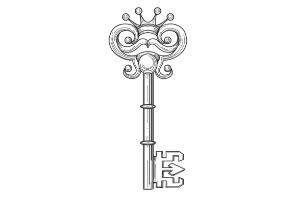 Medieval Key with Metal Crown Ornate Dec Graphics for Crafts