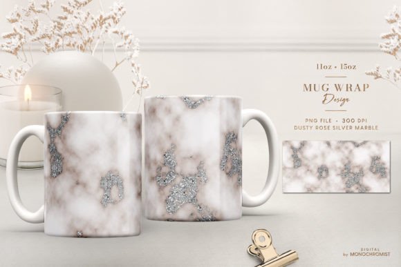 Mug Sublimation Dusty Rose Silver Marble Graphics