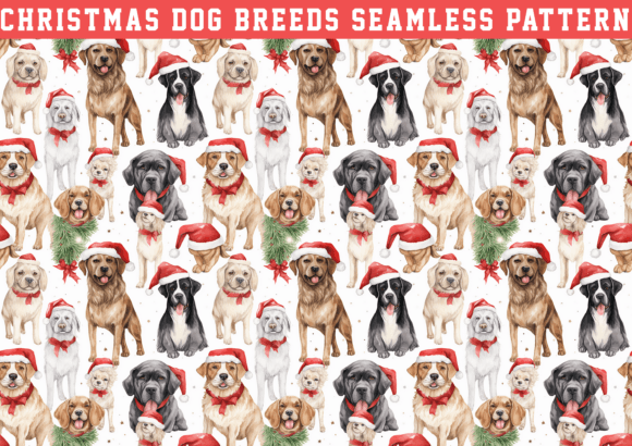 Watercolor Christmas Dog Breeds Pattern: Graphics & Patterns